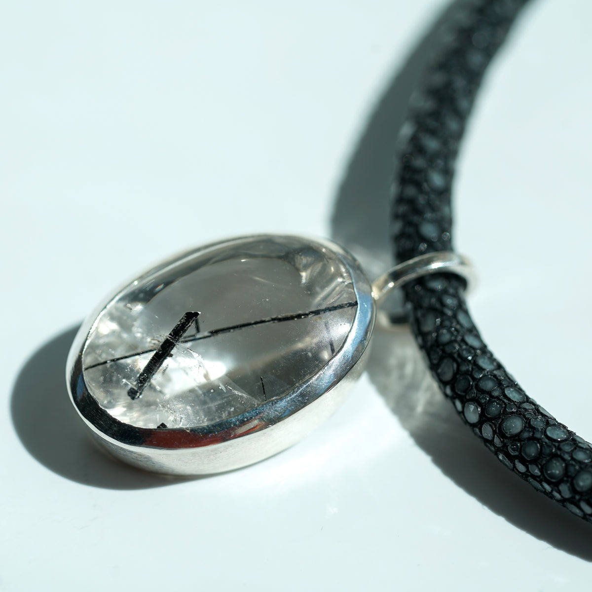 Black stingray necklace with black tourmaline rutilated quartz