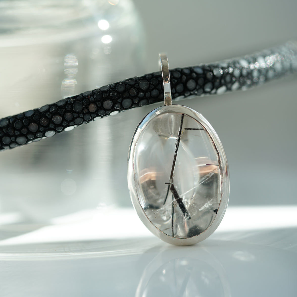 Black stingray necklace with black tourmaline rutilated quartz