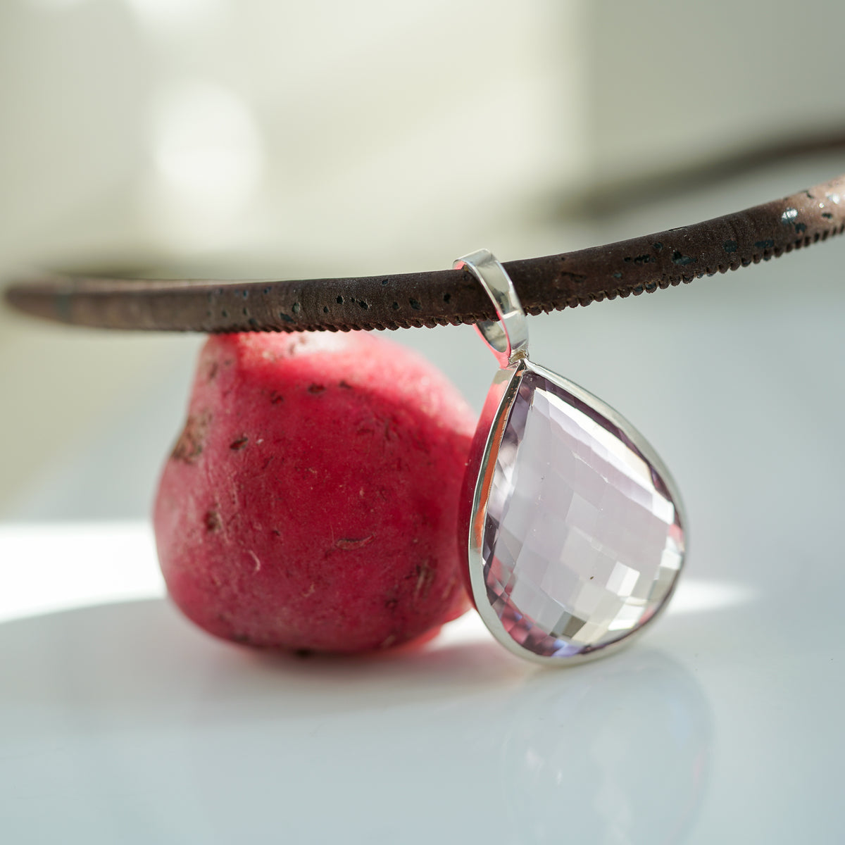 Pear Shape Checkerboard Rose de France amethyst silver necklace