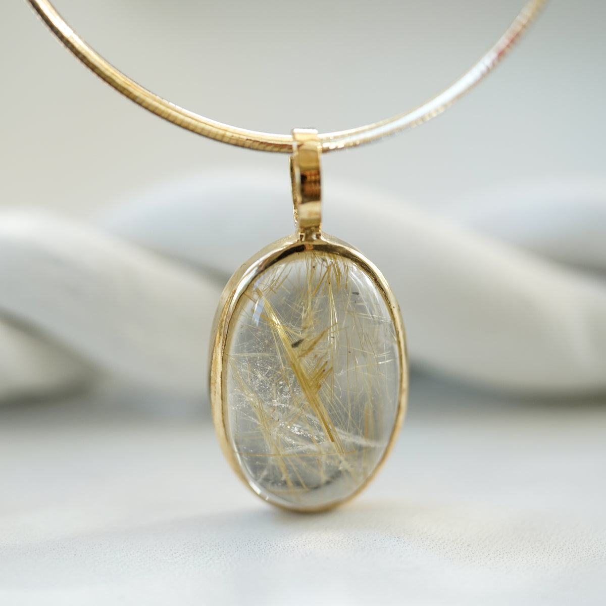 Golden Rutilated Quartz cabochon necklace in gold